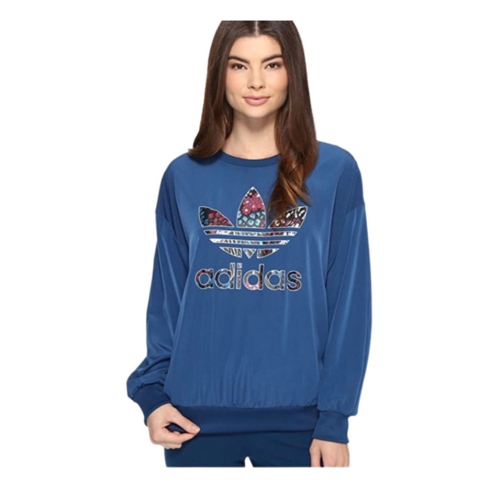 Adidas Teal Blue Trefoil Banded Crewneck Logo Sweatshirt Size Medium